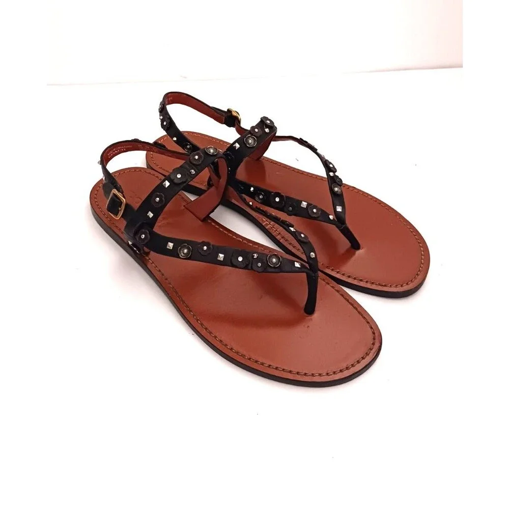 Coach Tea Rose Blk Leather Thong Sandals w Ankle Strap Floral Stud Trim US 10M